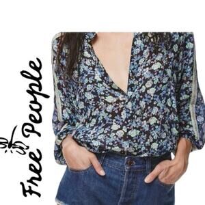 FREE PEOPLE BLOUSE SKYWAY DRIVE IN BLACK FLORAL OVERSIZED MOCK NECK SZ XS BOHO
